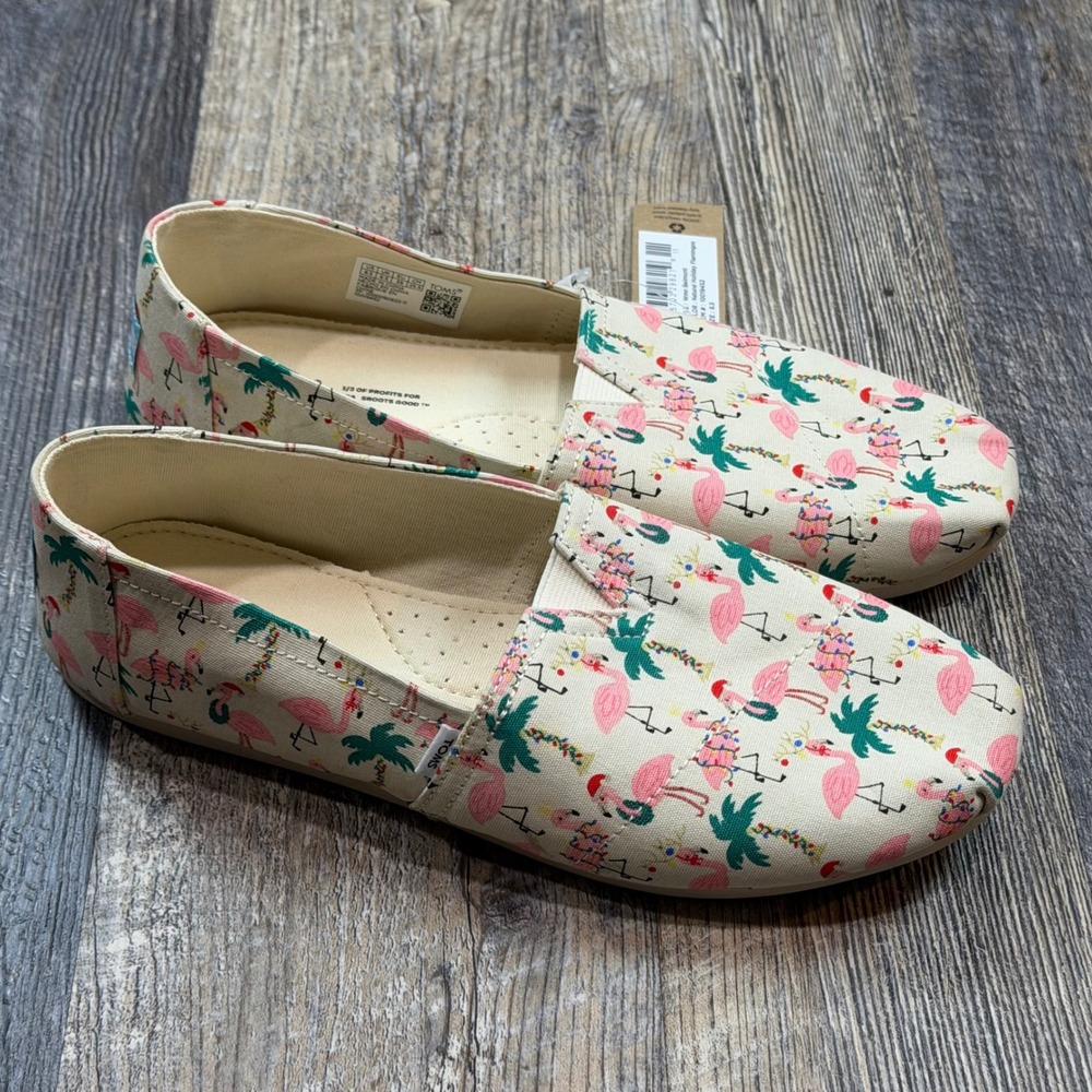 TOMS Belmont Natural Holiday Flamingos Canvas Slip On Flats Womens 8.5 Florida